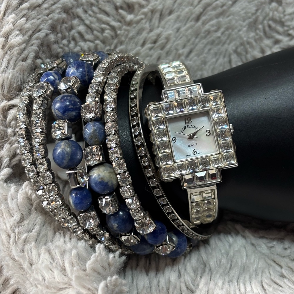 Adrienne Dress Rhinestone Watch Bezel Silver Tone plus bracelets